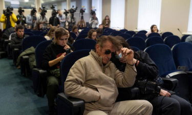 Actor and director Sean Penn attends a press briefing at the Presidential Office in Kyiv