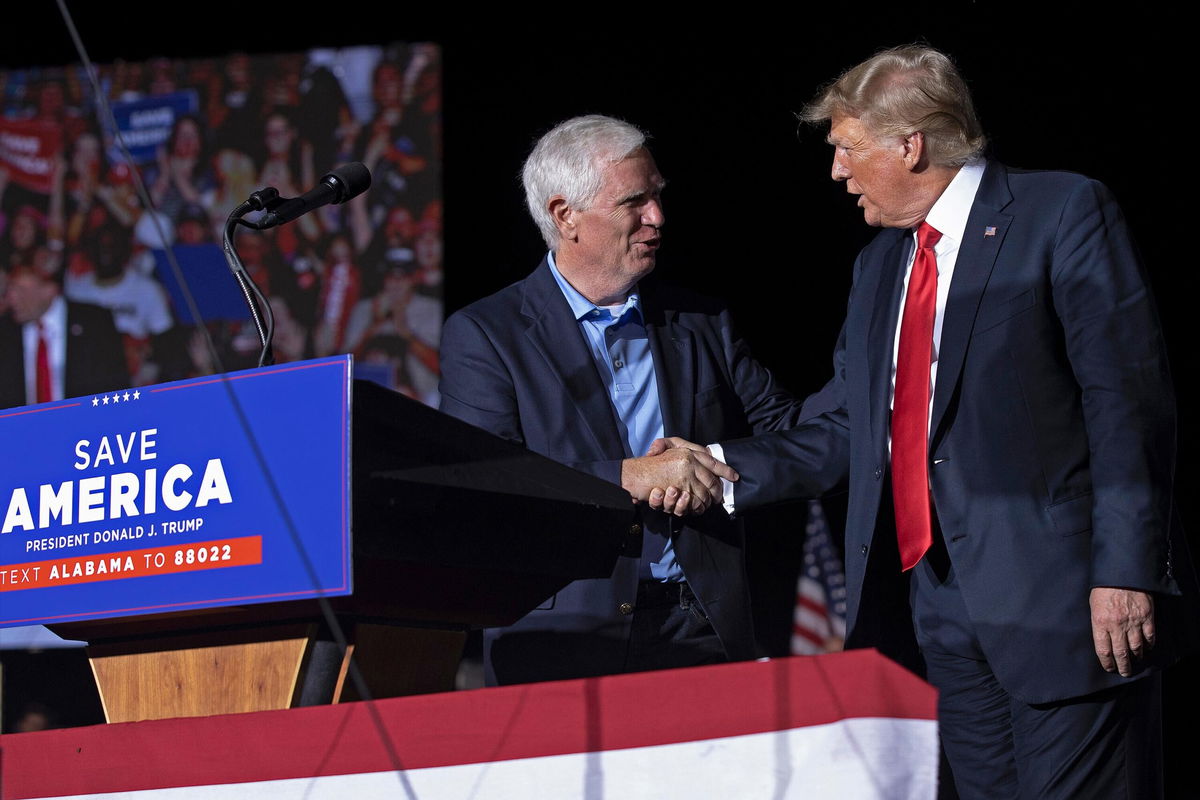 <i>Chip Somodevilla/Getty Images</i><br/>Former U.S. President Donald Trump appears on stage during a 2021 rally in Alabama. Trump is on the brink of withdrawing his endorsement from Alabama Senate hopeful Mo Brooks following a series of public and private missteps by the Republican congressman.