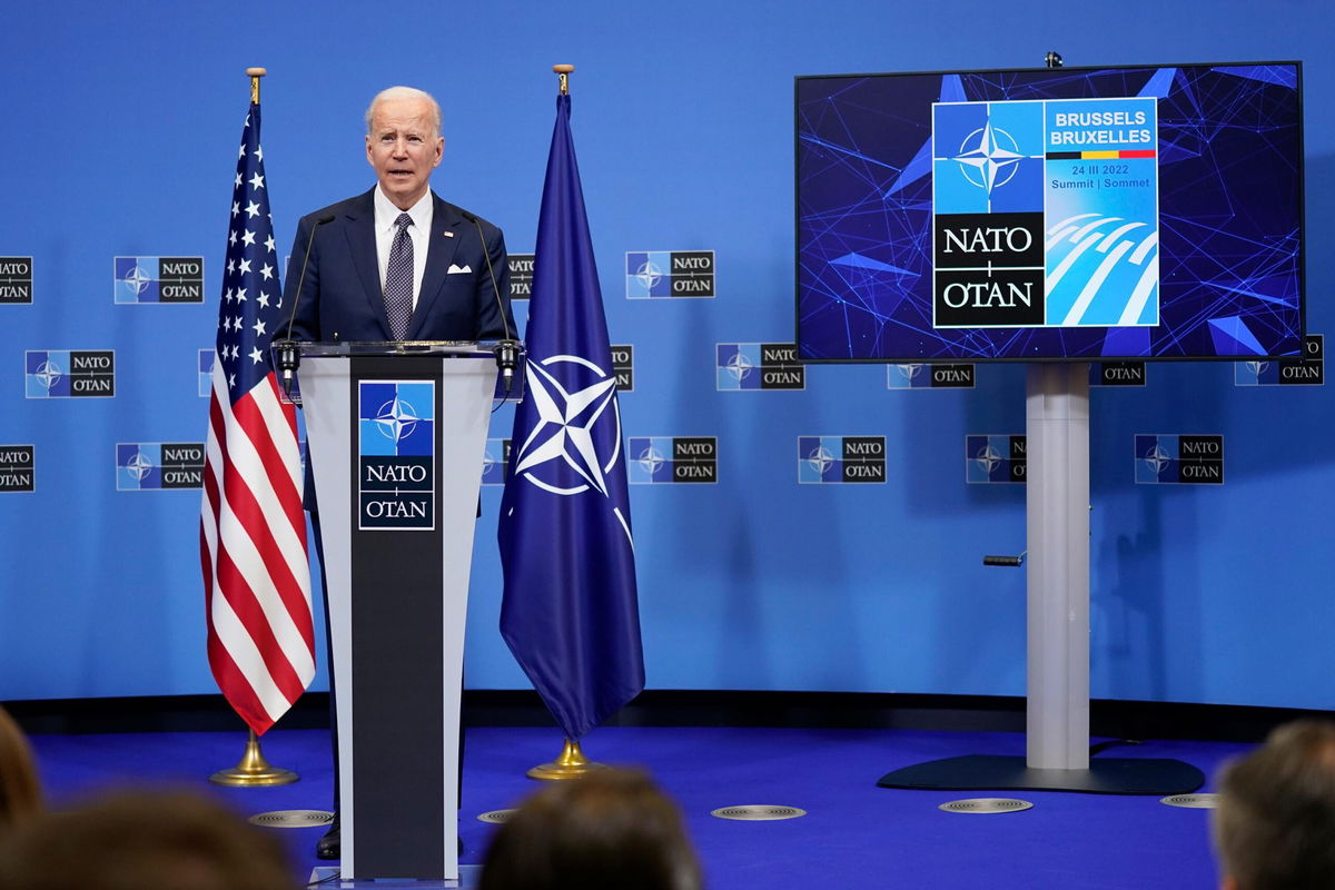 <i>Evan Vucci/AP</i><br/>President Joe Biden speaks about the Russian invasion of Ukraine during a news conference after a NATO summit and Group of Seven meeting at NATO headquarters on Thursday in Brussels.