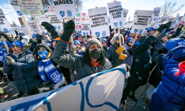 Members of the Minneapolis Federation of Teachers are shown protesting for smaller classroom sizes and safer schools on March 9 in St. Paul