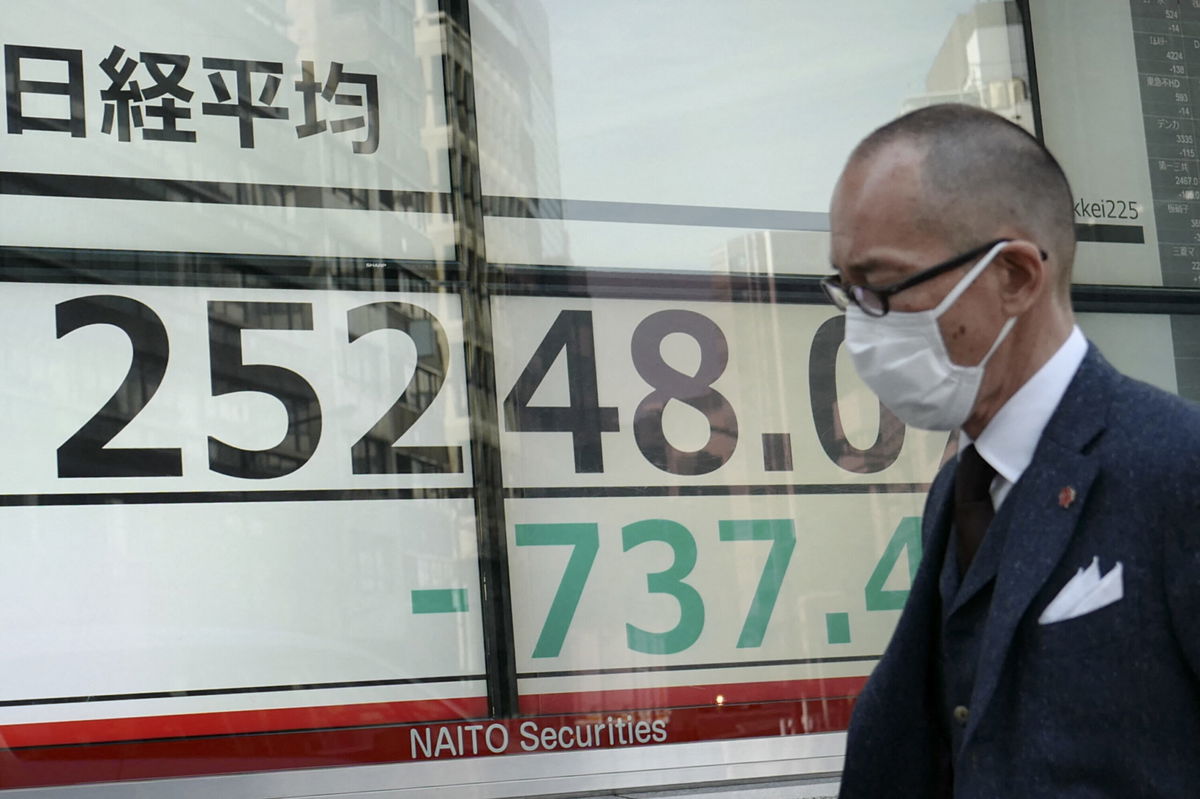 <i>KAZUHIRO NOGI/AFP/Getty Images</i><br/>A pedestrian walks past an electronic share price board showing the numbers on the Tokyo Stock Exchange in Tokyo on March 7.