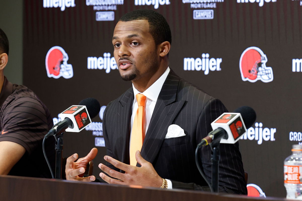 <i>Ron Schwane/AP</i><br/>Deshaun Watson tells reporters at an introductory news conference in Cleveland: 'I've never assaulted any woman.'