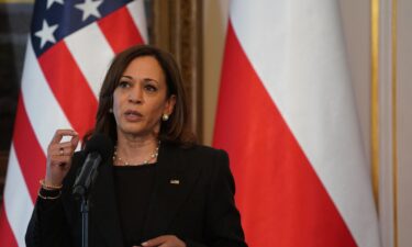 Harris speaks during a press conference with the Polish President at Belwelder Palace in Warsaw