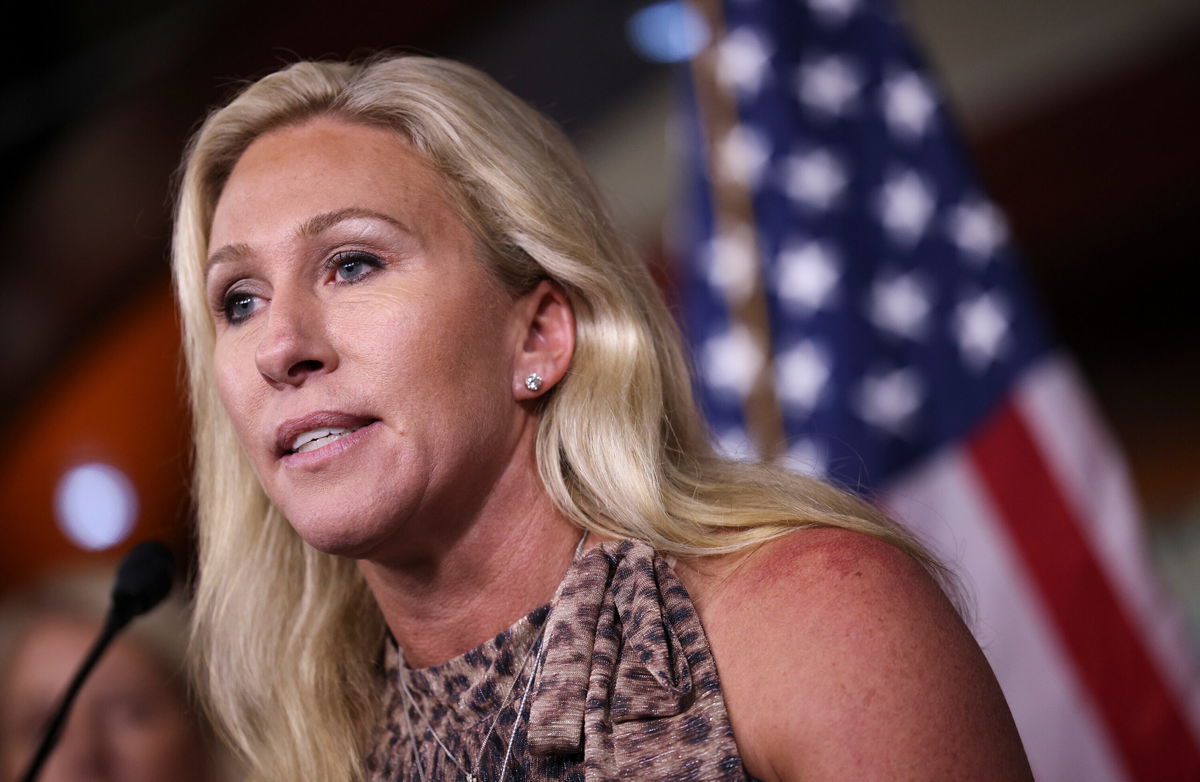 <i>Kevin Dietsch/Getty Images</i><br/>Rep. Marjorie Taylor Greene (R-GA) speaks at a news conference about the National Defense Authorization Bill at the U.S. Capitol on September 22