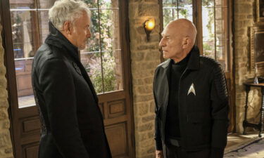 John de Lancie (L) as Q and Patrick Stewart as Jean-Luc Picard in 'Star Trek: Picard'.