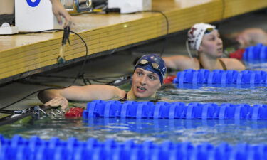 University of Pennsylvania swimmer Lia Thomas reacts after swimming the 100 Freestyle prelims at the NCAA Swimming and Diving Championships on March 19 in Atlanta.