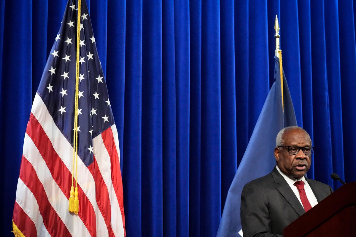 <i>Drew Angerer/Getty Images</i><br/>Associate Supreme Court Justice Clarence Thomas speaks at the Heritage Foundation on October 21