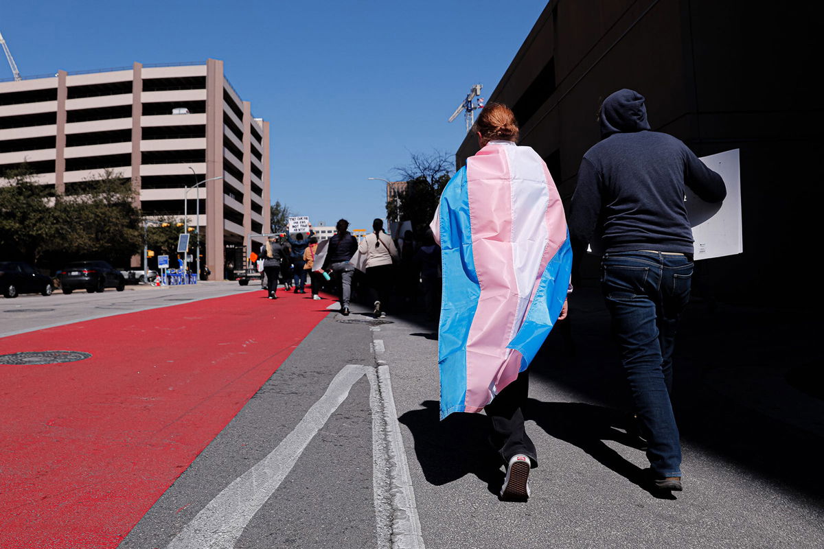 <i>Aaron E. Martinez/American-State/USA Today Network/Reuters</i><br/>Dylan Yeary (L) wears the trans flag during a rally for trans rights in Austin