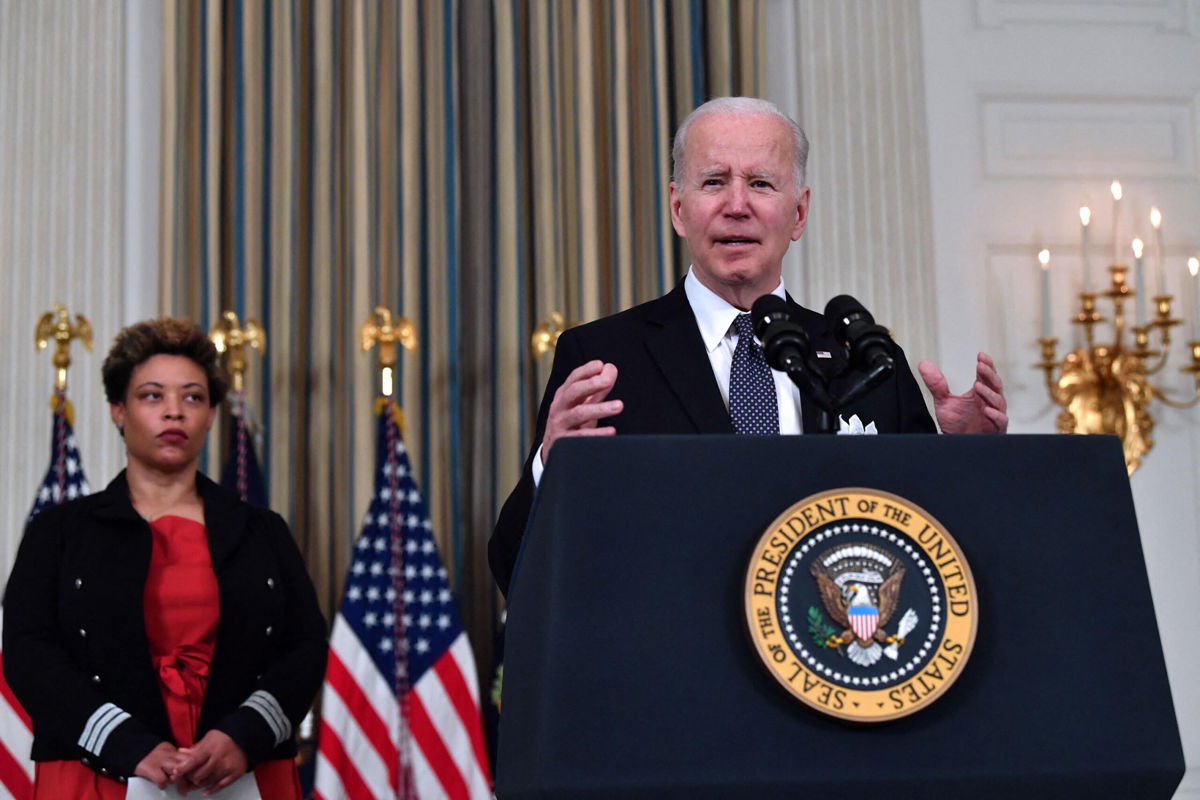 <i>NICHOLAS KAMM/AFP/Getty Images</i><br/>US President Joe Biden announces his Budget for Fiscal Year 2023 in Washington
