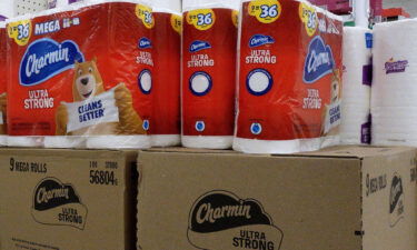 Charmin Ultra Strong toilet paper is on display on a supermarket shelf on October 15