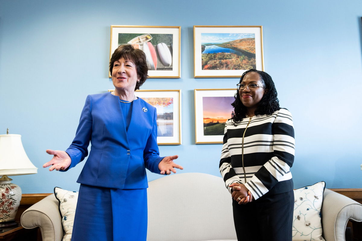 <i>Drew Angerer/Getty Images</i><br/>Supreme Court nominee Ketanji Brown Jackson meets with Sen. Susan Collins in Collins' office earlier this month on Capitol Hill in Washington