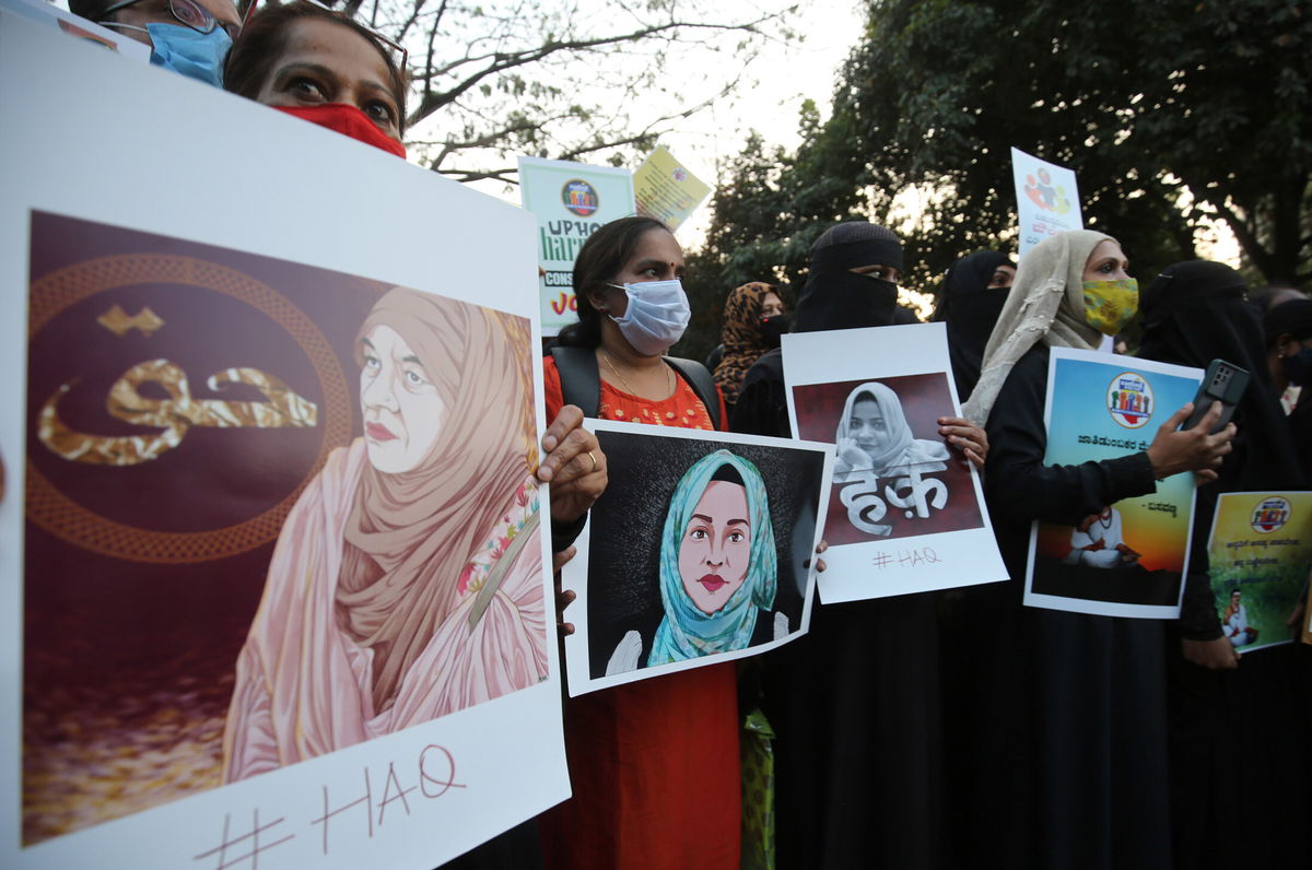 <i>JAGADEESH NV/EPA-EFE/Shutterstock</i><br/>Protesters gather in solidarity with Muslim women who were denied entry into school for wearing hijabs