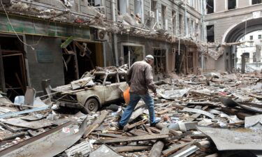 A view of damaged building  following a shelling in Ukraine's second-biggest city of Kharkiv on March 3