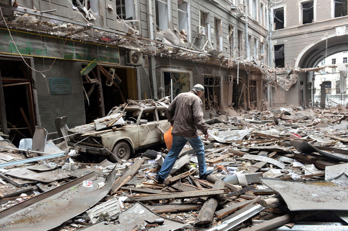 <i>SERGEY BOBOK/AFP/Getty Images</i><br/>A view of damaged building  following a shelling in Ukraine's second-biggest city of Kharkiv on March 3