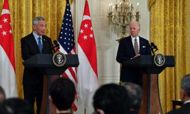 Prime Minister Lee Hsien Loong of Singapore speaks during a joint news conference with President Joe Biden in the East Room of the White House in Washington