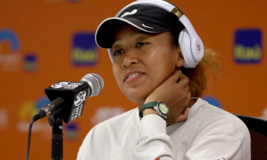 Naomi Osaka fields questions from the media at a news conference during the Miami Open at Hard Rock Stadium on March 23 in Miami Gardens