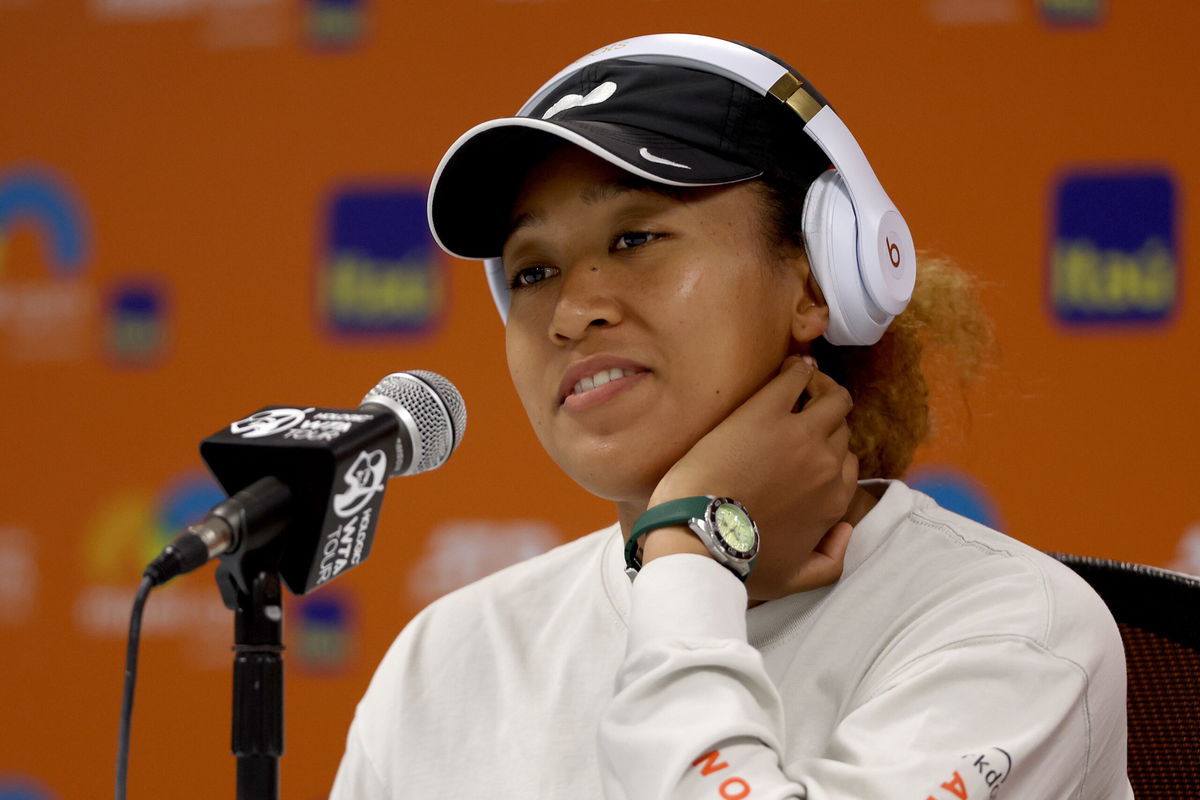 <i>Matthew Stockman/Getty Images</i><br/>Naomi Osaka fields questions from the media at a news conference during the Miami Open at Hard Rock Stadium on March 23 in Miami Gardens