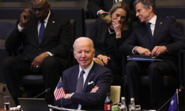 U.S. President Joe Biden looks on as he attends a North Atlantic Council meeting during a NATO summit at NATO Headquarters in Brussels on March 24.