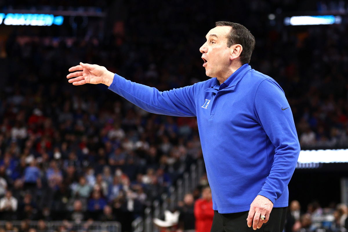 <i>Ezra Shaw/Getty Images North America/Getty Images</i><br/>Duke head coach Mike Krzyzewski reacts during a win in the Sweet 16 against the Texas Tech Red Raiders.