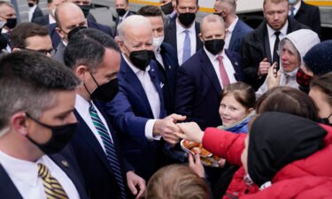 President Joe Biden meets with Ukrainian refugees and humanitarian aid workers during a visit to PGE Narodowy Stadium
