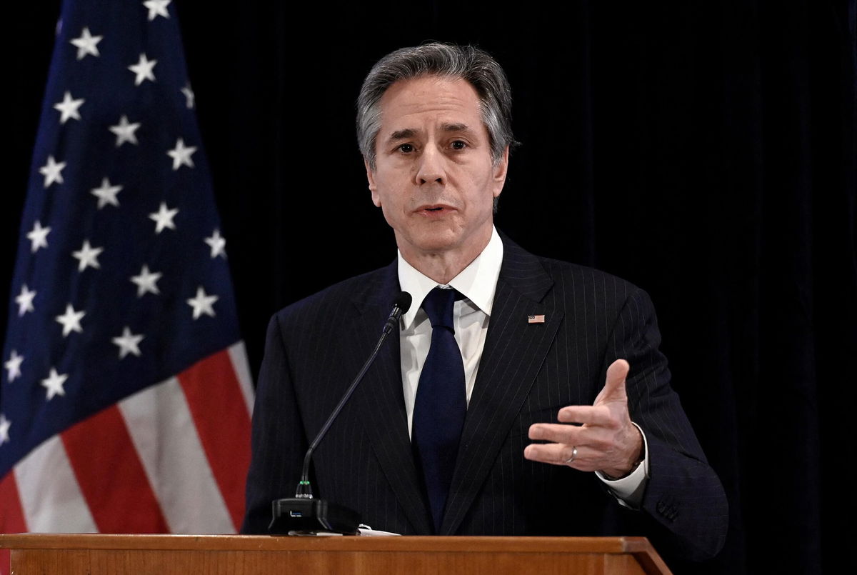 <i>OLIVIER DOULIERY/AFP/Pool/Getty Images</i><br/>US Secretary of State Antony Blinken speaks during a press conference in Brussels