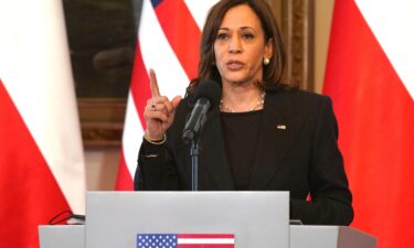 US Vice President Kamala Harris speaks during a press conference with the Polish President at Belwelder Palace in Warsaw