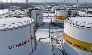 An aerial view of an oil tank battery at the Novokuibyshevsk Refinery