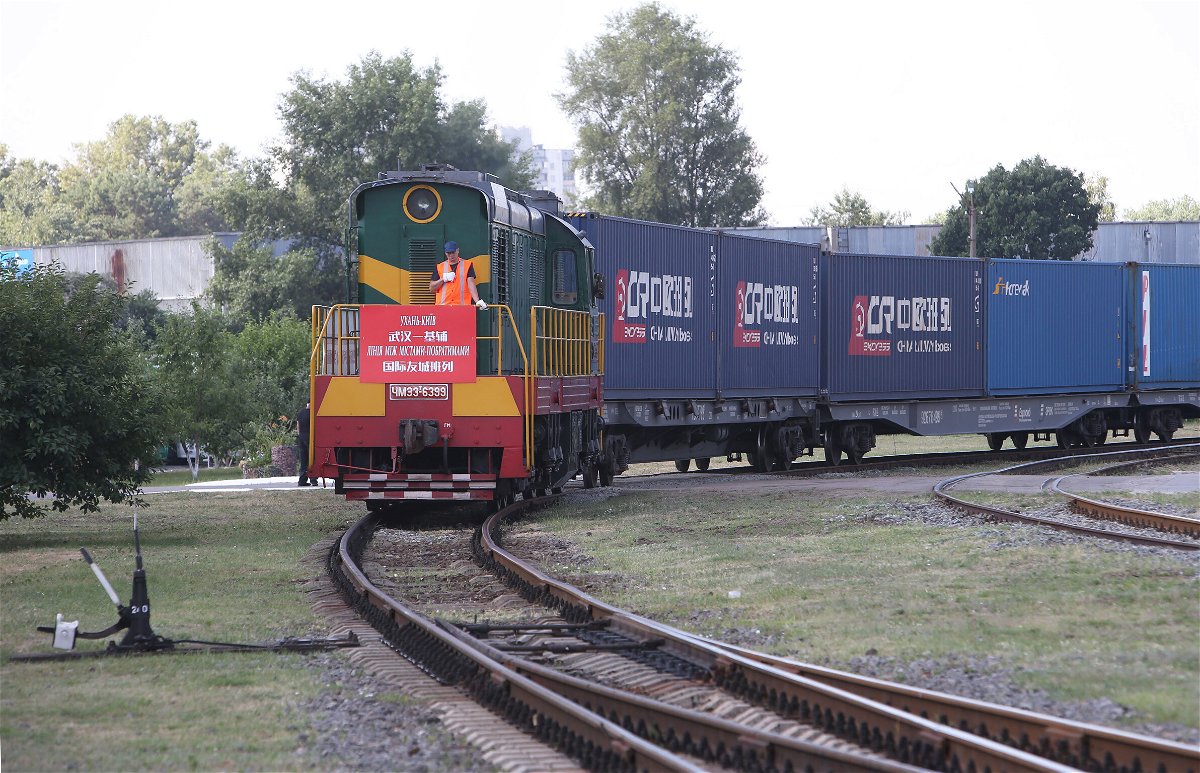 <i>Sergey Starostenko/Xinhua/Getty Images</i><br/>A container train from Wuhan