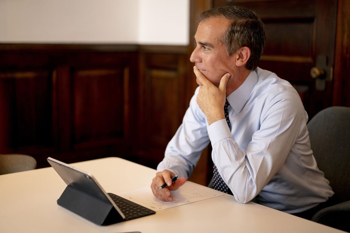 <i>Kyle Grillot/Bloomberg/Getty Images</i><br/>Los Angeles mayor Eric Garcetti is seen during an interview earlier in March. A number of Senate Democrats have privately expressed concerns about President Joe Biden's nomination of Garcetti to be US ambassador to India