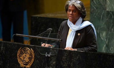 US Ambassador to the United Nations Linda Thomas-Greenfield said Thursday that actions committed by Russia against the Ukrainian people constitute war crimes. Thomas-Greenfield is shown here during an emergency meeting of the General Assembly at UN headquarters on March 2.