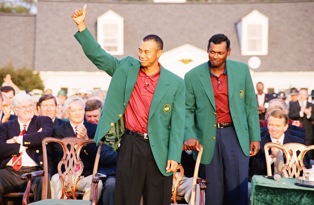 <i>Augusta National/Getty Images</i><br/>Pictured are Tiger Woods (L) and Vijay Singh during the presentation ceremony of the 2001 Masters tournament in Augusta