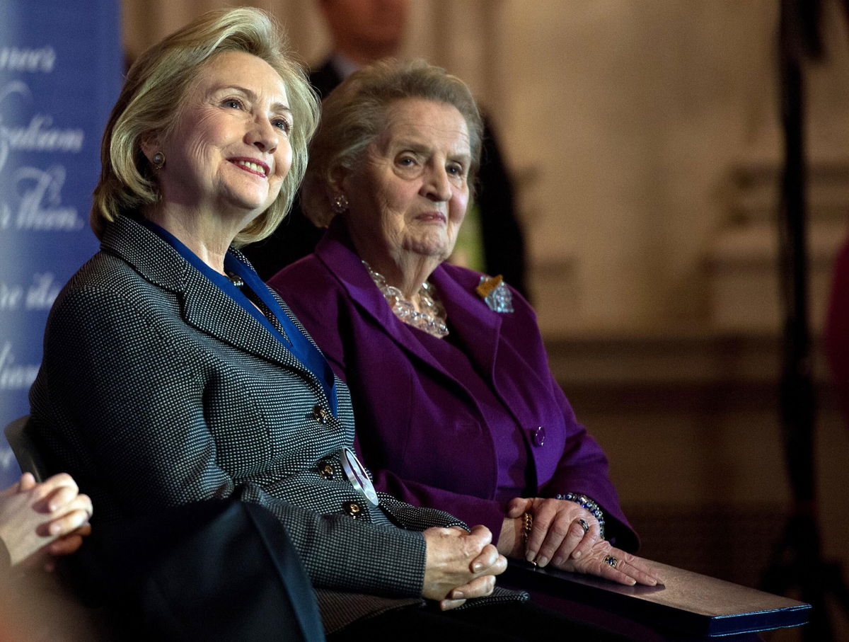 <i>NICHOLAS KAMM/AFP/Getty Images</i><br/>Former US Secretaries of State Hillary Clinton and Madeleine Albright are pictured together in 2013. Clinton remembered Albright as 