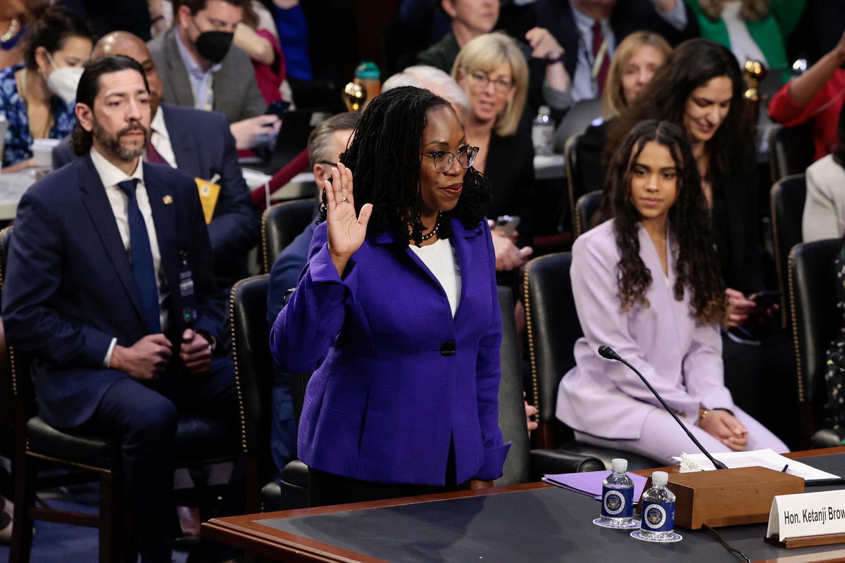 <i>Anna Moneymaker/Getty Images</i><br/>U.S. Supreme Court nominee Judge Ketanji Brown Jackson is sworn-in during her confirmation hearing before the Senate Judiciary Committee in the Hart Senate Office Building on Capitol Hill March 21 in Washington