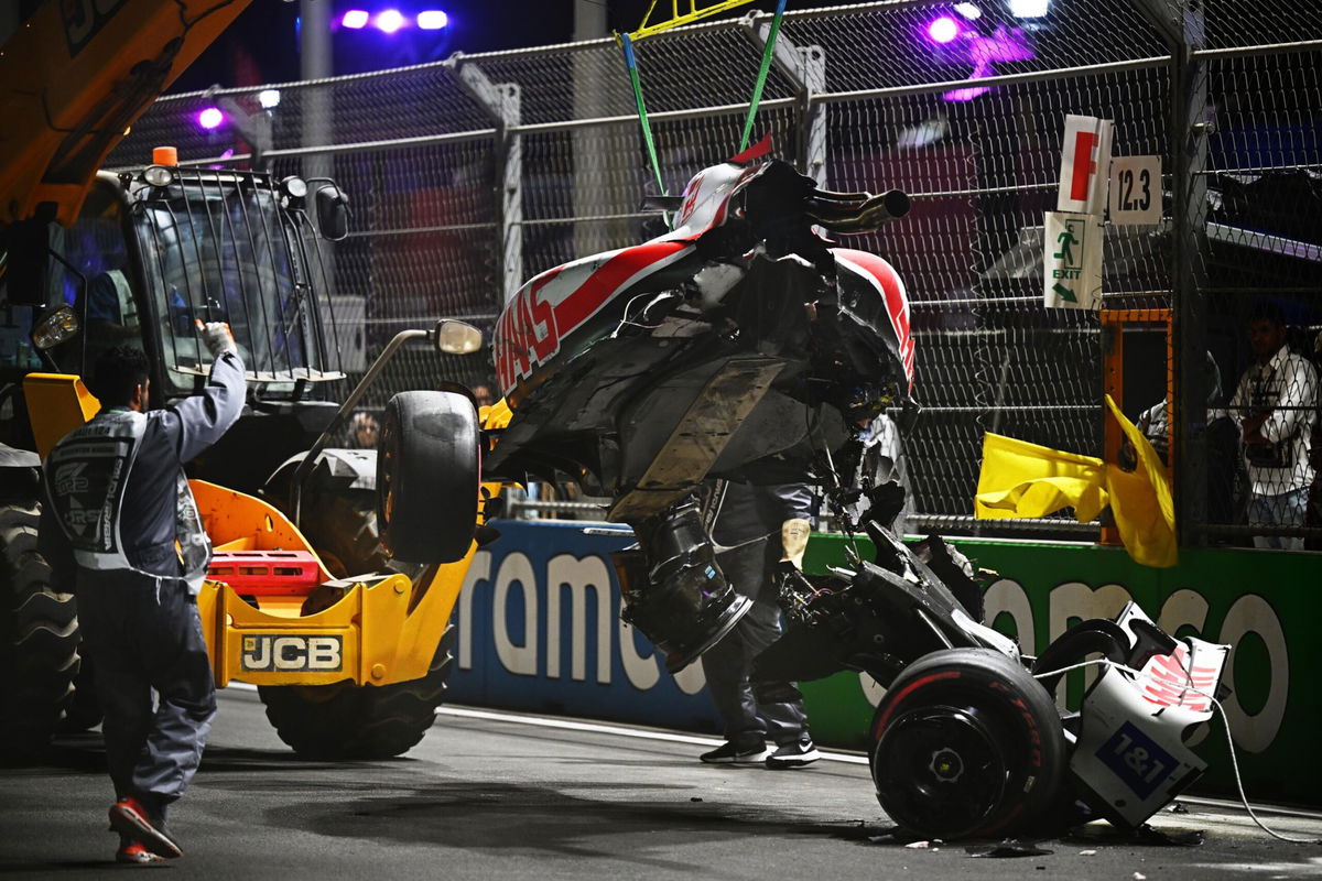 <i>Clive Mason/Getty Images</i><br/>Track marshals clean debris from the track following Mick Schumacher's crash during qualifying ahead of the F1 Grand Prix of Saudi Arabia at the Jeddah Corniche Circuit on March 26