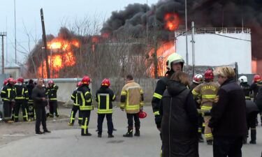 CNN footage from the scene of a fire at a fuel storage facility in the Ukrainian city of Lviv on Saturday.
