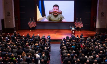 Ukrainian President Volodymyr Zelensky speaks to US members of Congress by video on March 16.