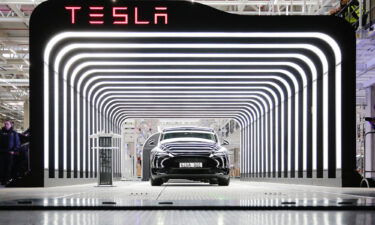 Newly completed Tesla electric cars at the official opening of the new Tesla electric car manufacturing plant on March 22 near Gruenheide