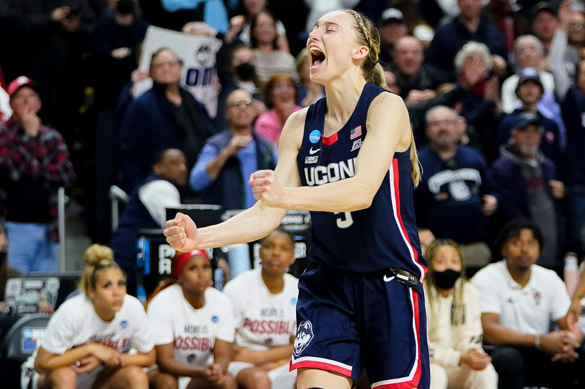 <i>Frank Franklin II/AP</i><br/>Connecticut guard Paige Bueckers scored 15 of her 27 points during the overtime periods.