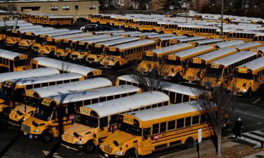 School buses are parked at the Arlington County Bus Depot