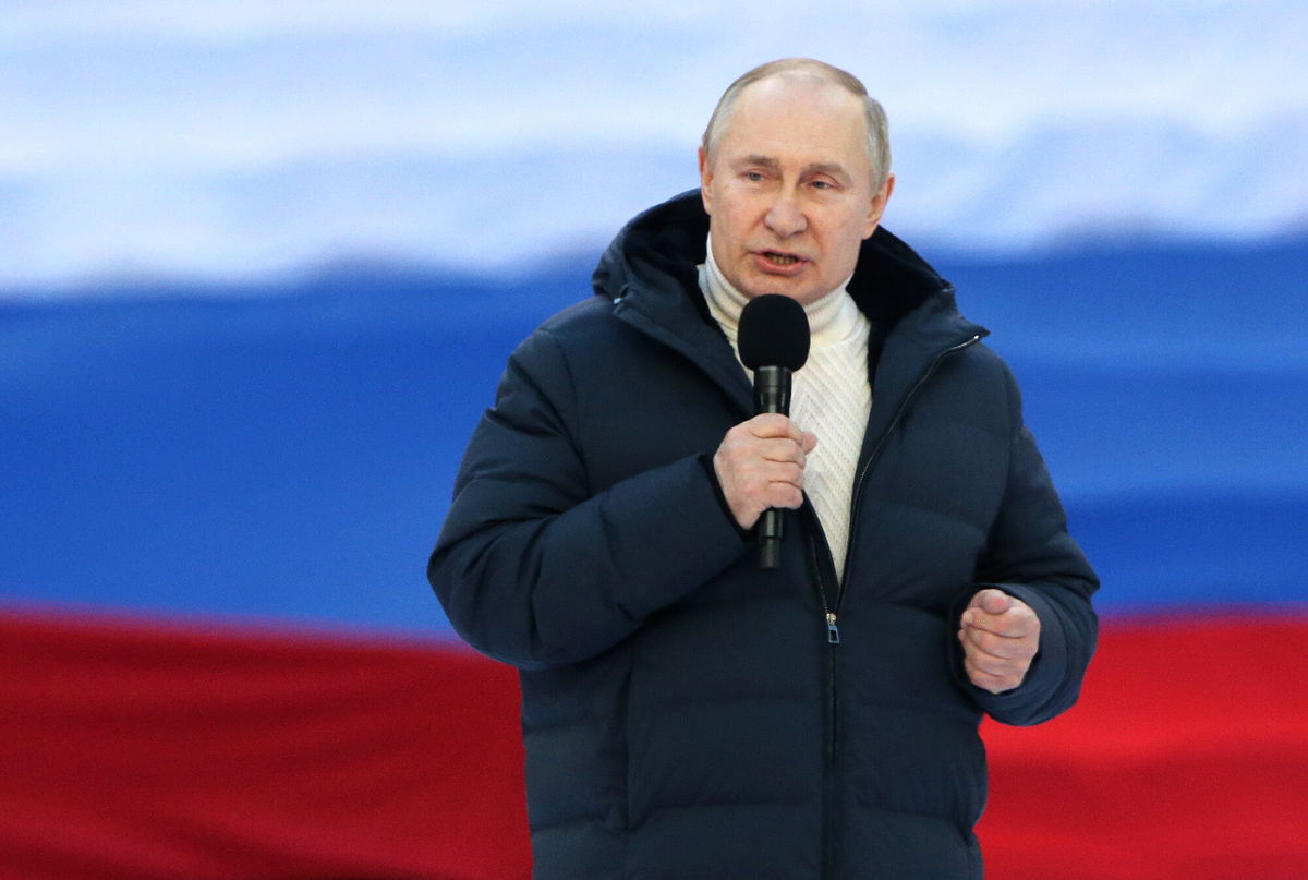 <i>Getty Images</i><br/>Russian President Vladimir Putin speaks during a concert in Moscow on March 18 to mark the anniversary of the annexation of Crimea. US and NATO officials believe Putin has not backed off his original demands in talks with Ukraine