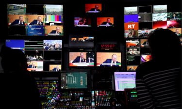 A live broadcast of an annual news conference by Russian President Vladimir Putin at a production studio of the RT (Russian Today) television network on December 19