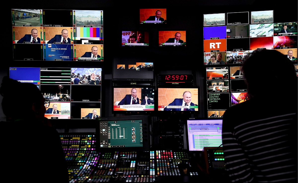 <i>Sergei Bobylev/TASS/Getty Images</i><br/>A live broadcast of an annual news conference by Russian President Vladimir Putin at a production studio of the RT (Russian Today) television network on December 19
