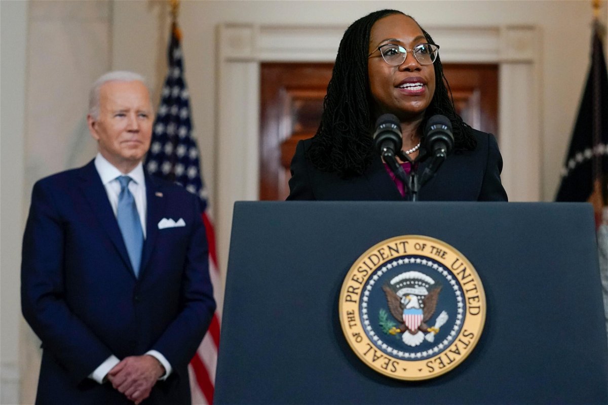 <i>Carolyn Kaster/AP</i><br/>Judge Ketanji Brown Jackson speaks after President Joe Biden announced Jackson as his nominee to the Supreme Court in the Cross Hall of the White House