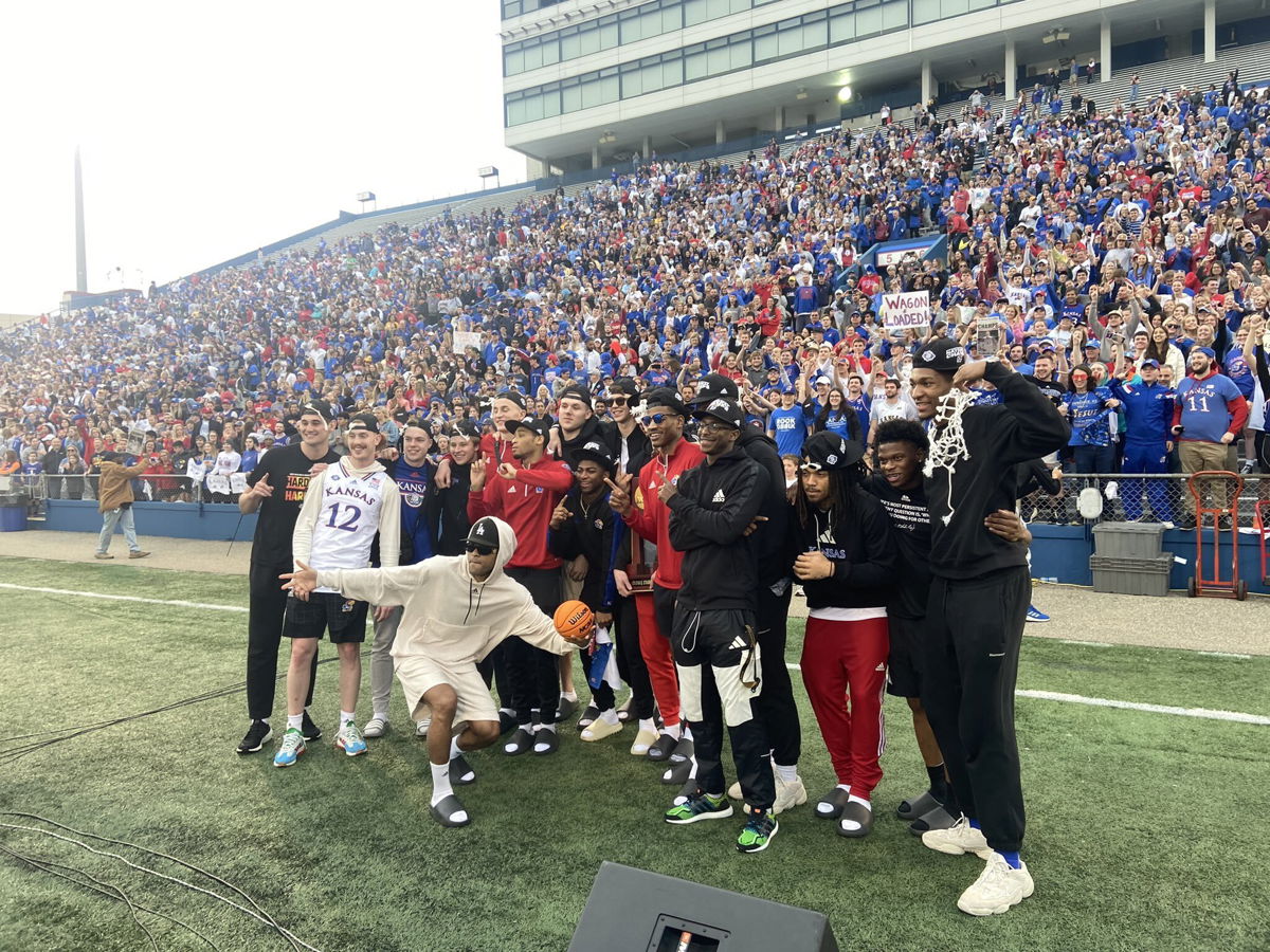 <i>EmilyRittman/KCTV</i><br/>The Kansas Jayhawks were greeted by fans at the David Booth Kansas Memorial Stadium on April 5 after returning to Lawrence.