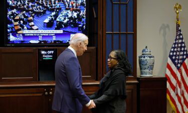 President Joe Biden congratulates Ketanji Brown Jackson at the White House on April 7 as the Senate confirms her to be the first Black woman to be a justice on the Supreme Court.