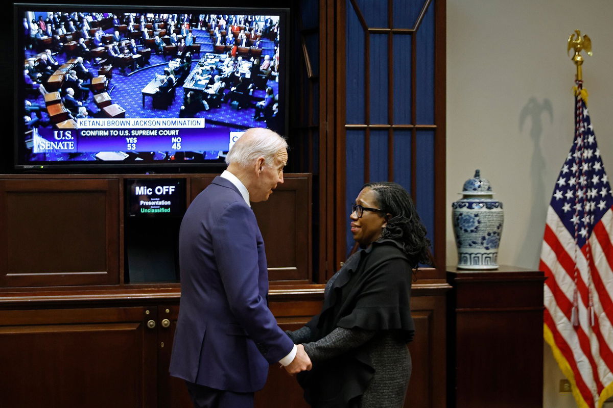 <i>Chip Somodevilla/Getty Images</i><br/>President Joe Biden congratulates Ketanji Brown Jackson at the White House on April 7 as the Senate confirms her to be the first Black woman to be a justice on the Supreme Court.