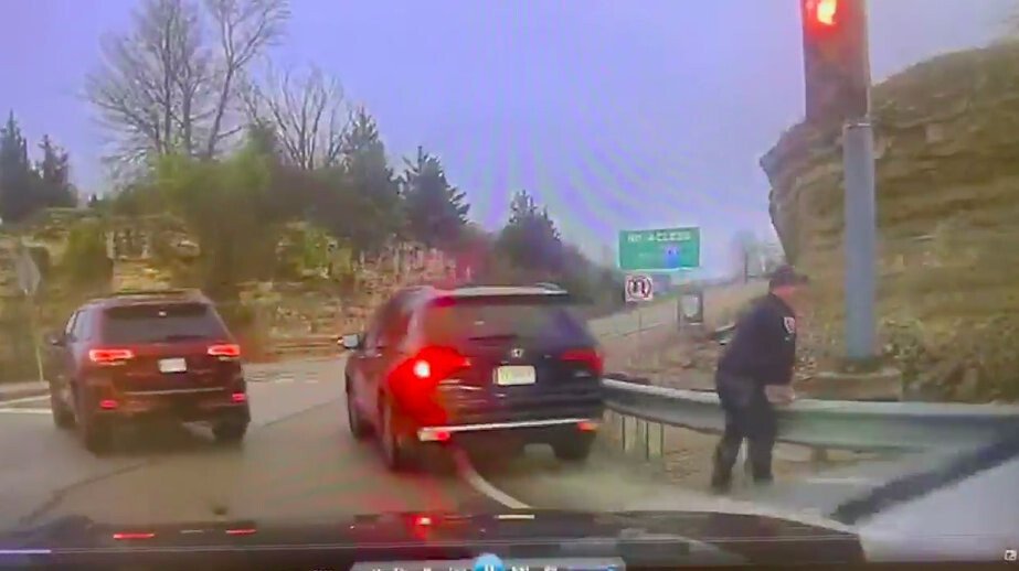 <i>Eureka Police/KMOV</i><br/>Eureka police have released a dashcam video that shows the moment an officer was hit by suspected car thieves Tuesday morning.