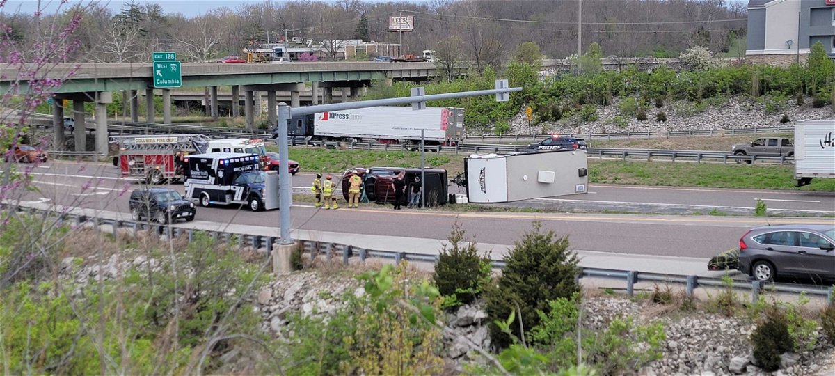 A pickup truck overturned Friday, April 22, 2022, in the eastbound lanes of Interstate 70 in Columbia.