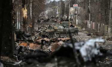 This general view shows destroyed Russian armored vehicles in the city of Bucha