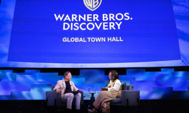 David Zaslav talking with Oprah Winfrey during Warner Bros. Discovery's global town hall on Thursday.